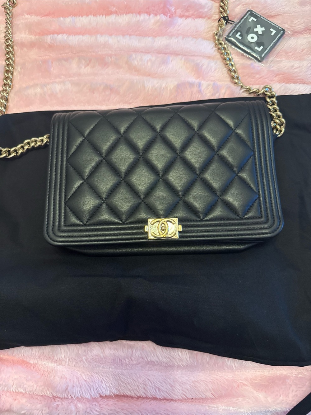 CHANEL Black Quilted Leather Crossbody with Gold Chain